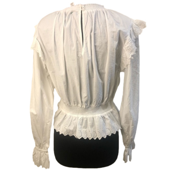 Topshop Shirred Embroidered White Ruffle Blouse Blouson Sleeves Size 6 Victorian - Picture 13 of 15